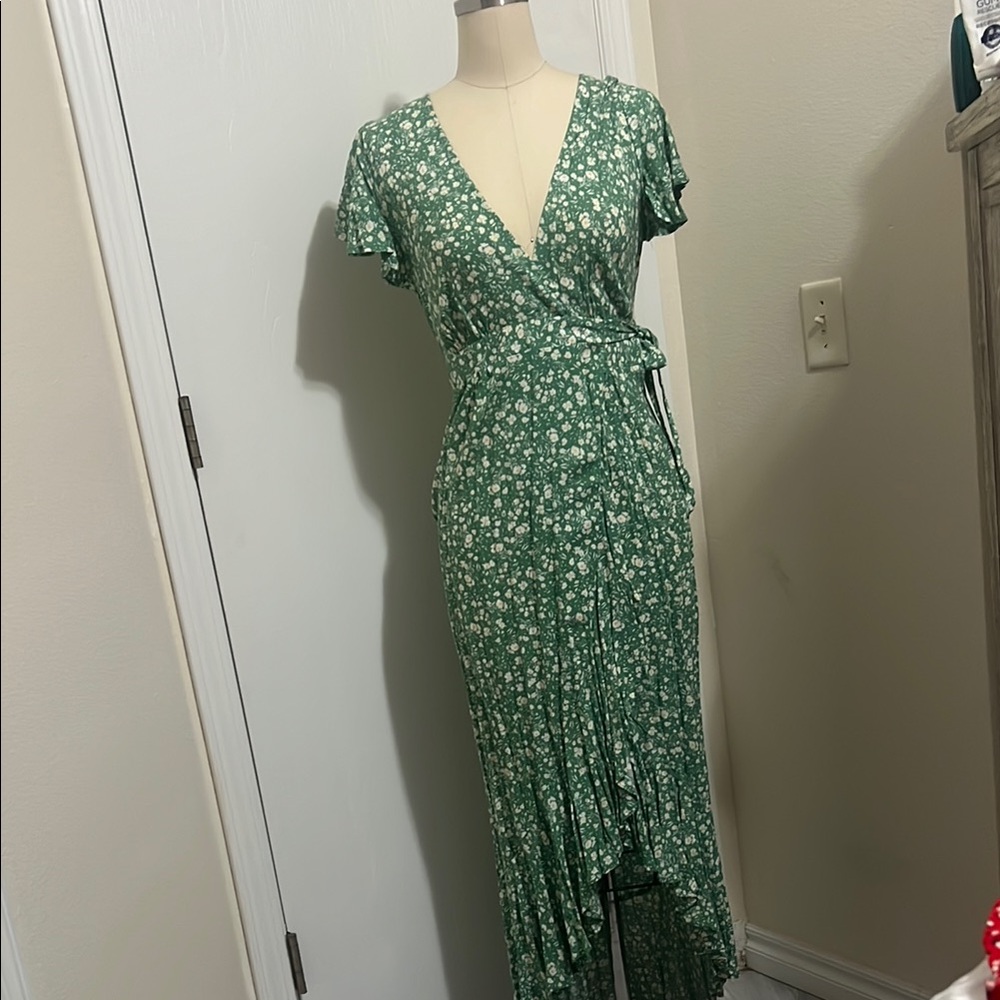 Green Asymmetrical Ruffled Wrap Dress